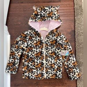 NEW Leopard Print Girl’s Thick Furry Animal Ears Zip-up Hoodie, size 5